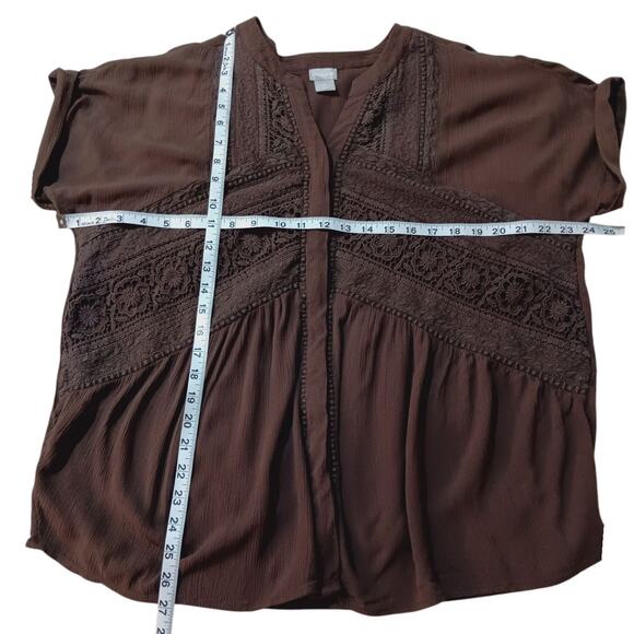 CHICO'S 2 Boho‎ Artsy Crochet Blouse Top L Short Sleeves Flowy Career Vacation - Picture 4 of 10